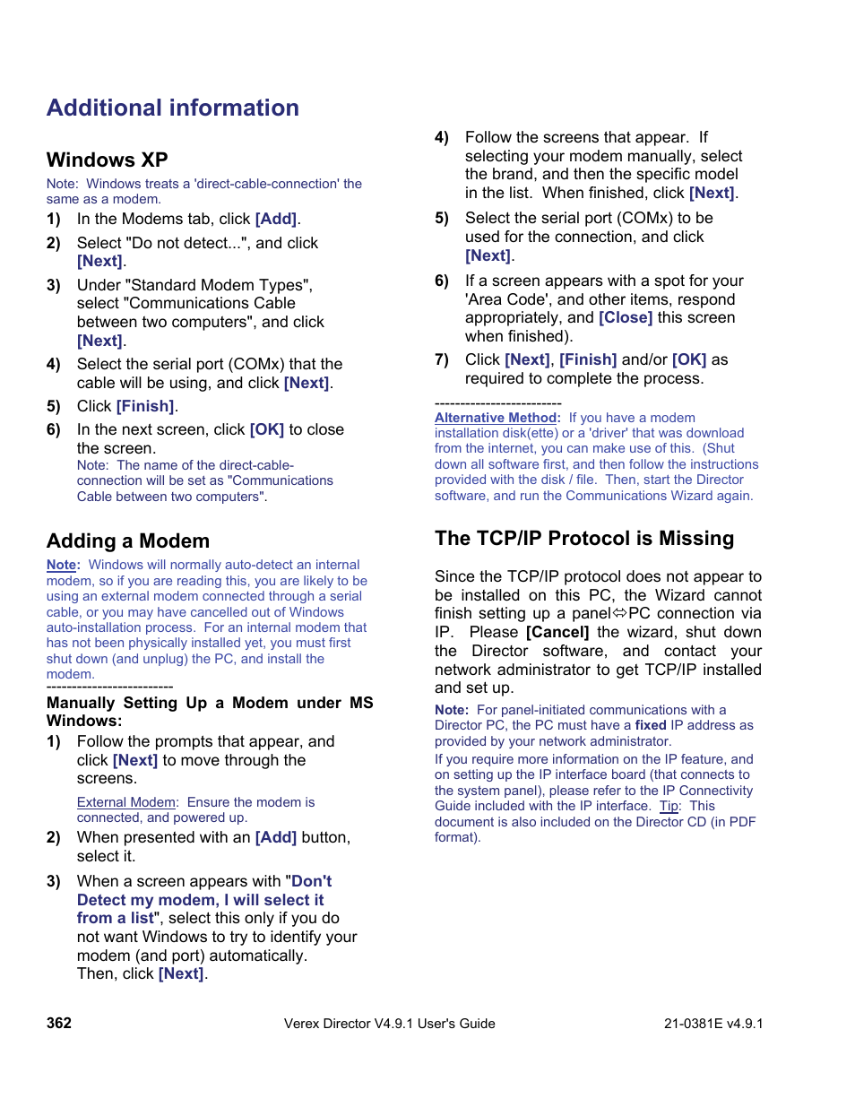 Additional information, Windows xp, Adding a modem | The tcp/ip protocol is missing | Interlogix VEREX Director User Manual | Page 370 / 383
