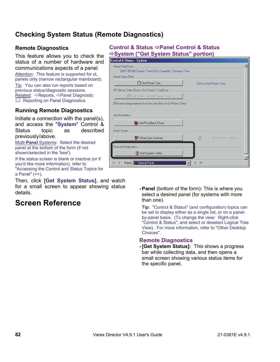 Screen reference, Checking system status (remote diagnostics) | Interlogix VEREX Director User Manual | Page 90 / 383