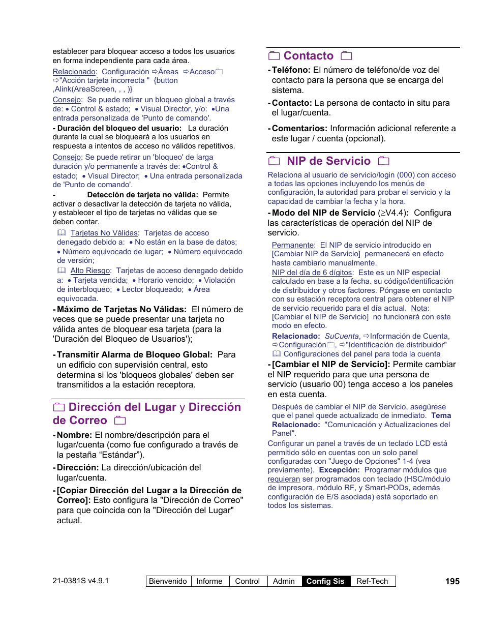 Dirección del lugar y dirección de correo, Contacto, Nip de servicio | Interlogix VEREX Director User Manual | Page 205 / 378