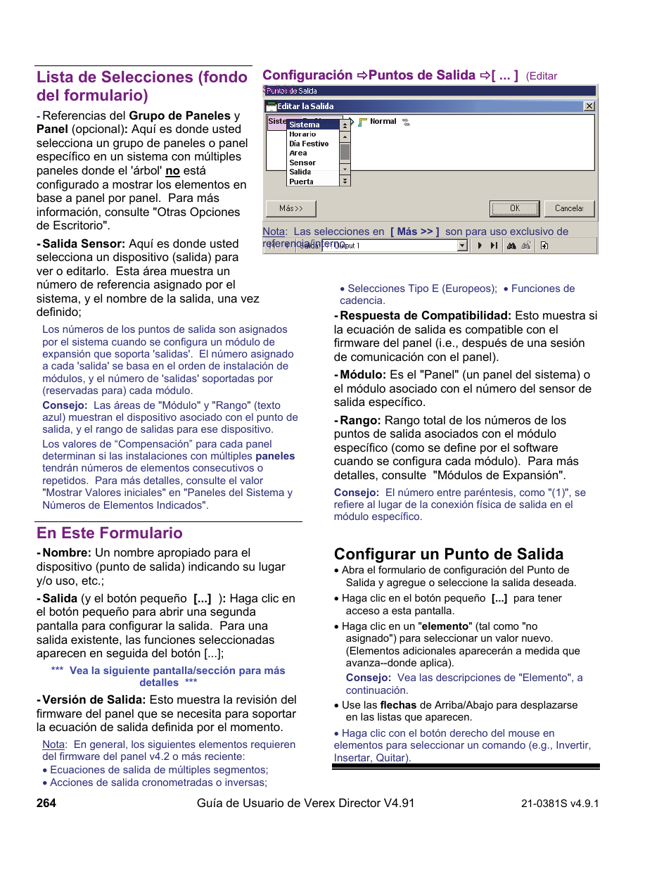 Lista de selecciones (fondo del formulario), En este formulario, Configurar un punto de salida | Interlogix VEREX Director User Manual | Page 274 / 378