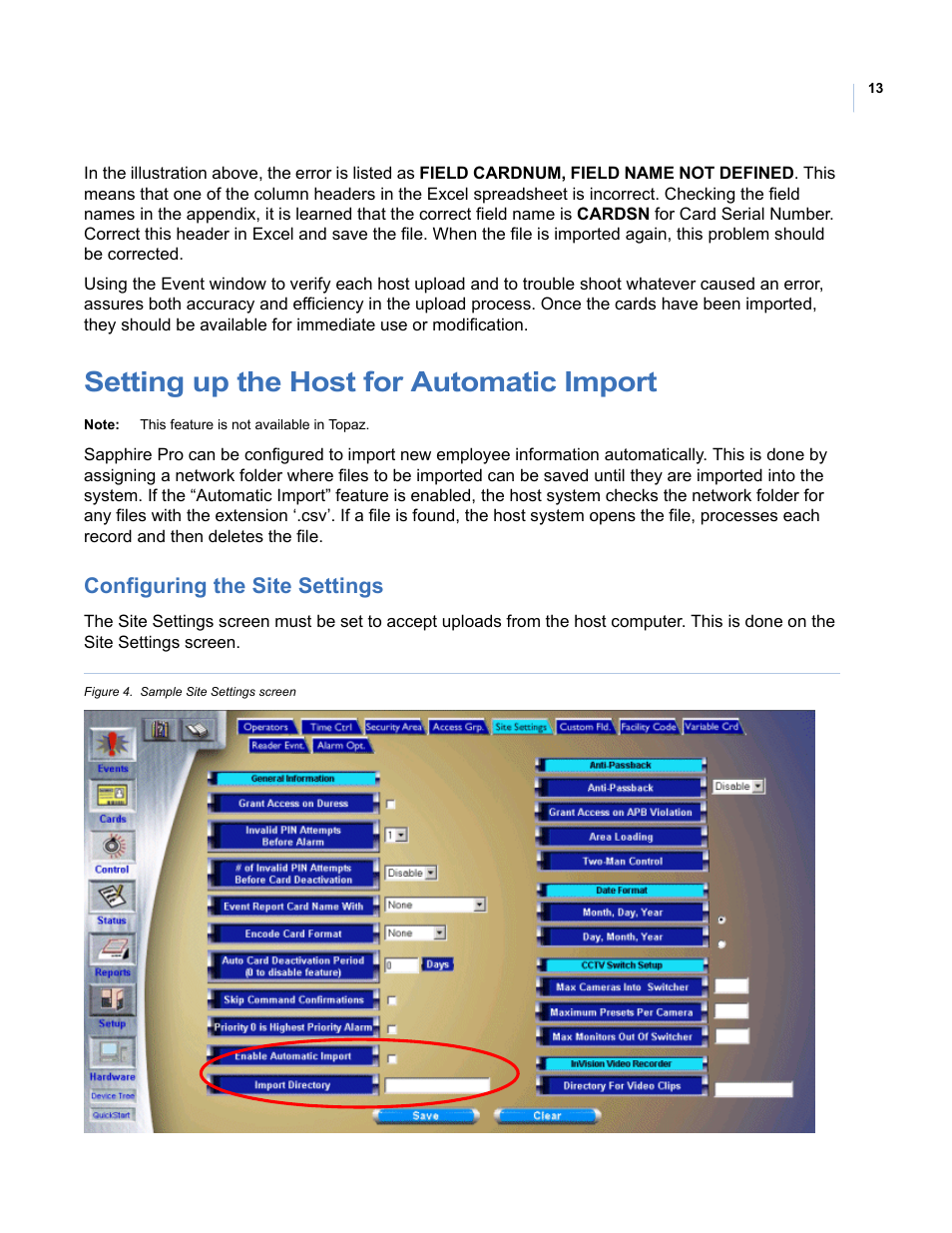 Setting up the host for automatic import, Configuring the site settings | Interlogix Topaz Reference Manual User Manual | Page 17 / 30