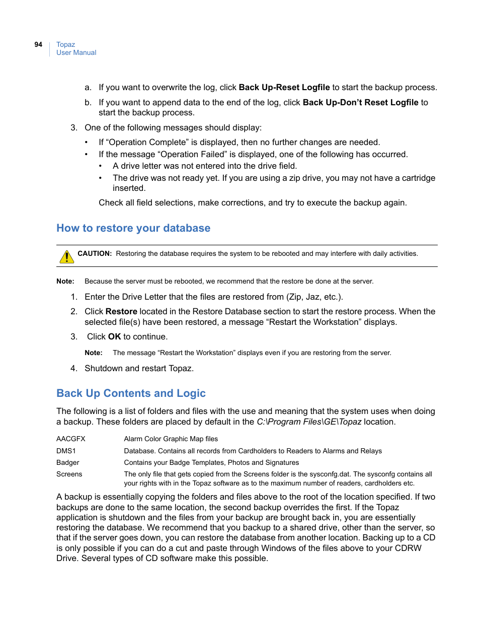 How to restore your database, Back up contents and logic | Interlogix Topaz User Manual User Manual | Page 112 / 420