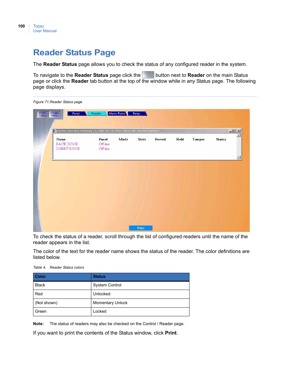 Reader status page | Interlogix Topaz User Manual User Manual | Page 118 / 420