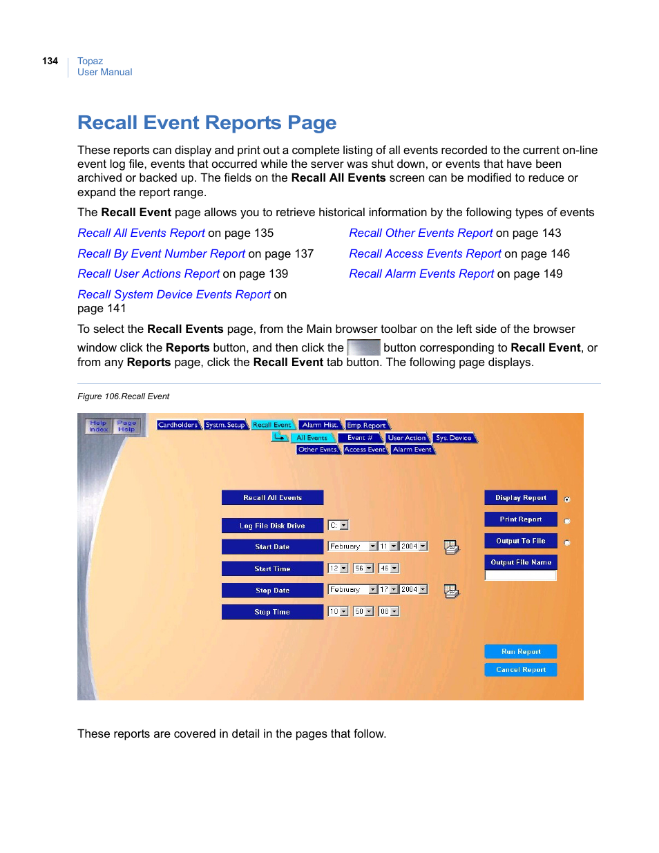 Figure 106.recall event, Recall event reports page | Interlogix Topaz User Manual User Manual | Page 152 / 420