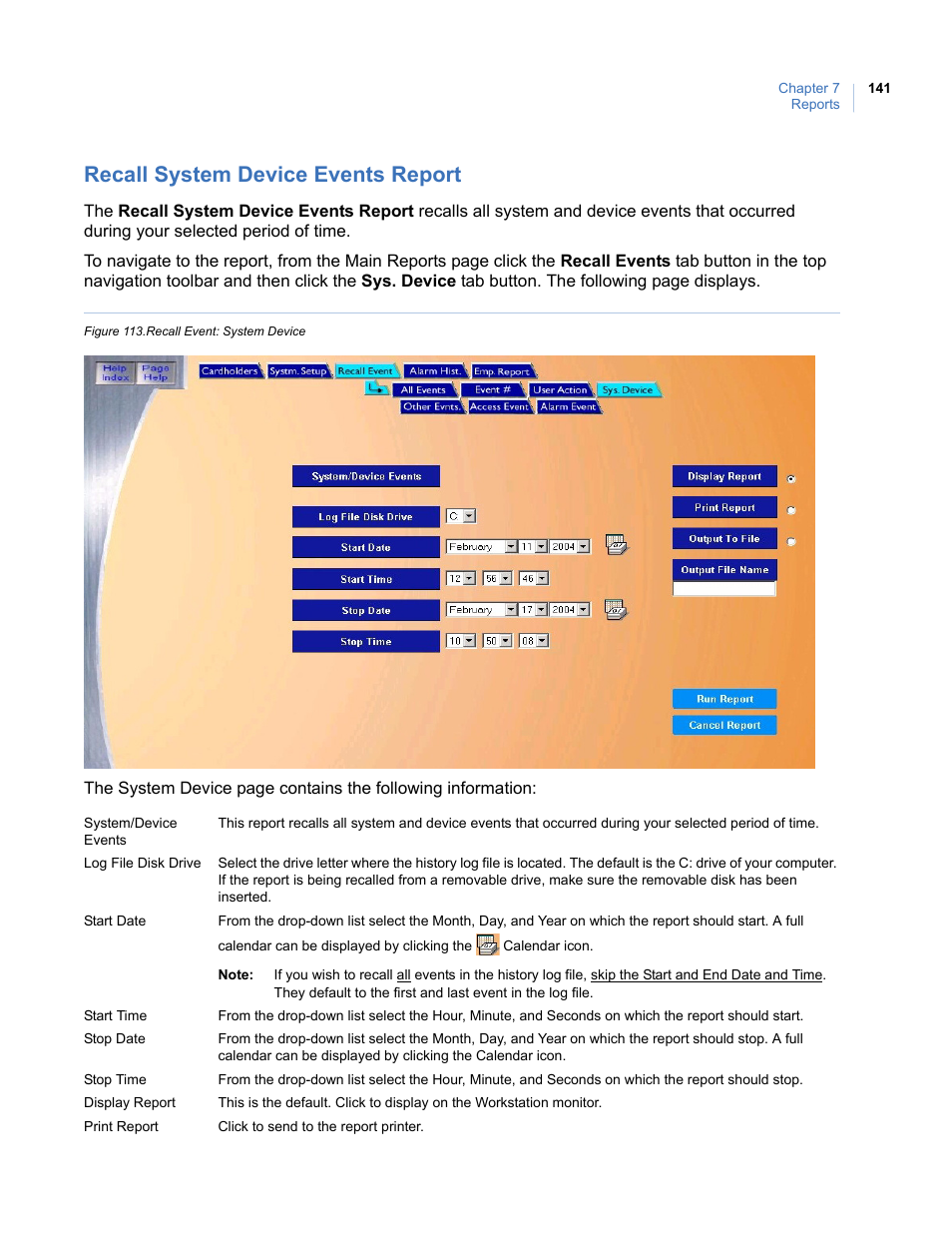 Recall system device events report, Figure 113.recall event: system device | Interlogix Topaz User Manual User Manual | Page 159 / 420