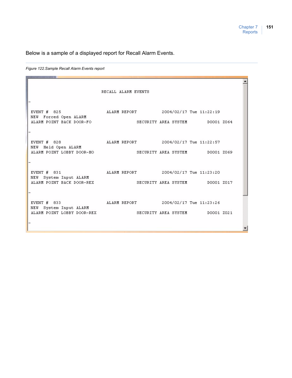 Figure 122.sample recall alarm events report | Interlogix Topaz User Manual User Manual | Page 169 / 420