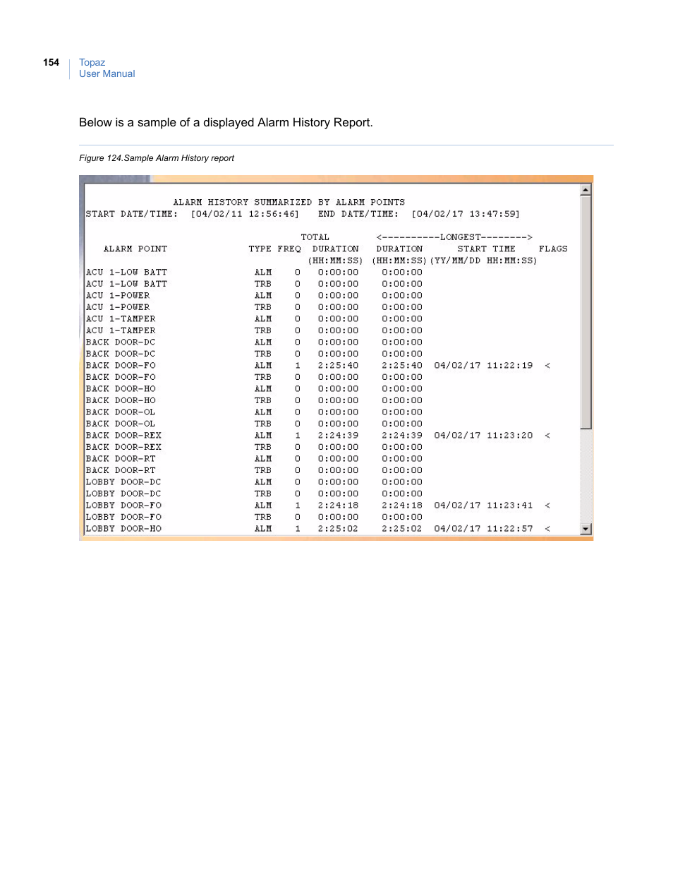 Figure 124.sample alarm history report | Interlogix Topaz User Manual User Manual | Page 172 / 420