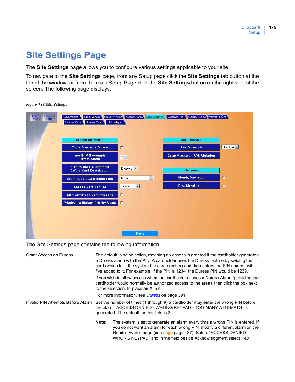 Figure 133.site settings, Site settings page | Interlogix Topaz User Manual User Manual | Page 193 / 420