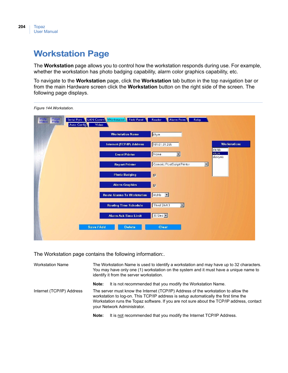 Figure 144.workstation, Workstation page | Interlogix Topaz User Manual User Manual | Page 222 / 420