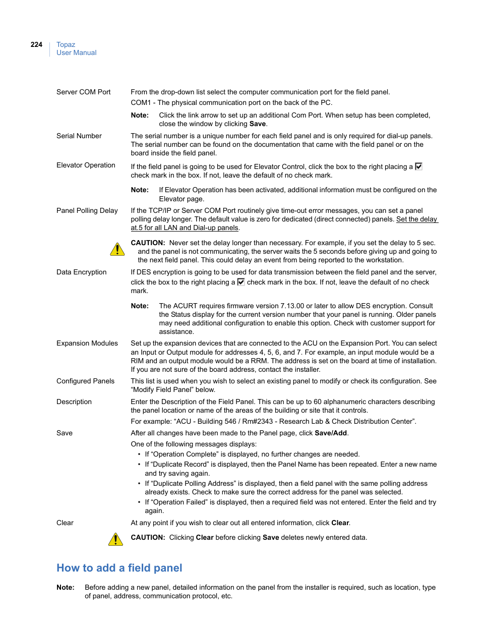 How to add a field panel | Interlogix Topaz User Manual User Manual | Page 242 / 420