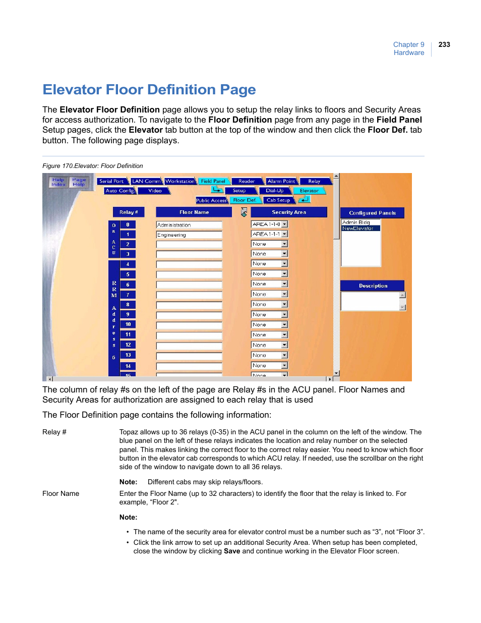 Figure 170.elevator: floor definition, Elevator floor definition page | Interlogix Topaz User Manual User Manual | Page 251 / 420