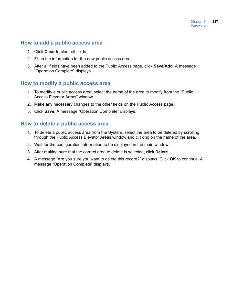 How to add a public access area, How to modify a public access area, How to delete a public access area | Interlogix Topaz User Manual User Manual | Page 255 / 420