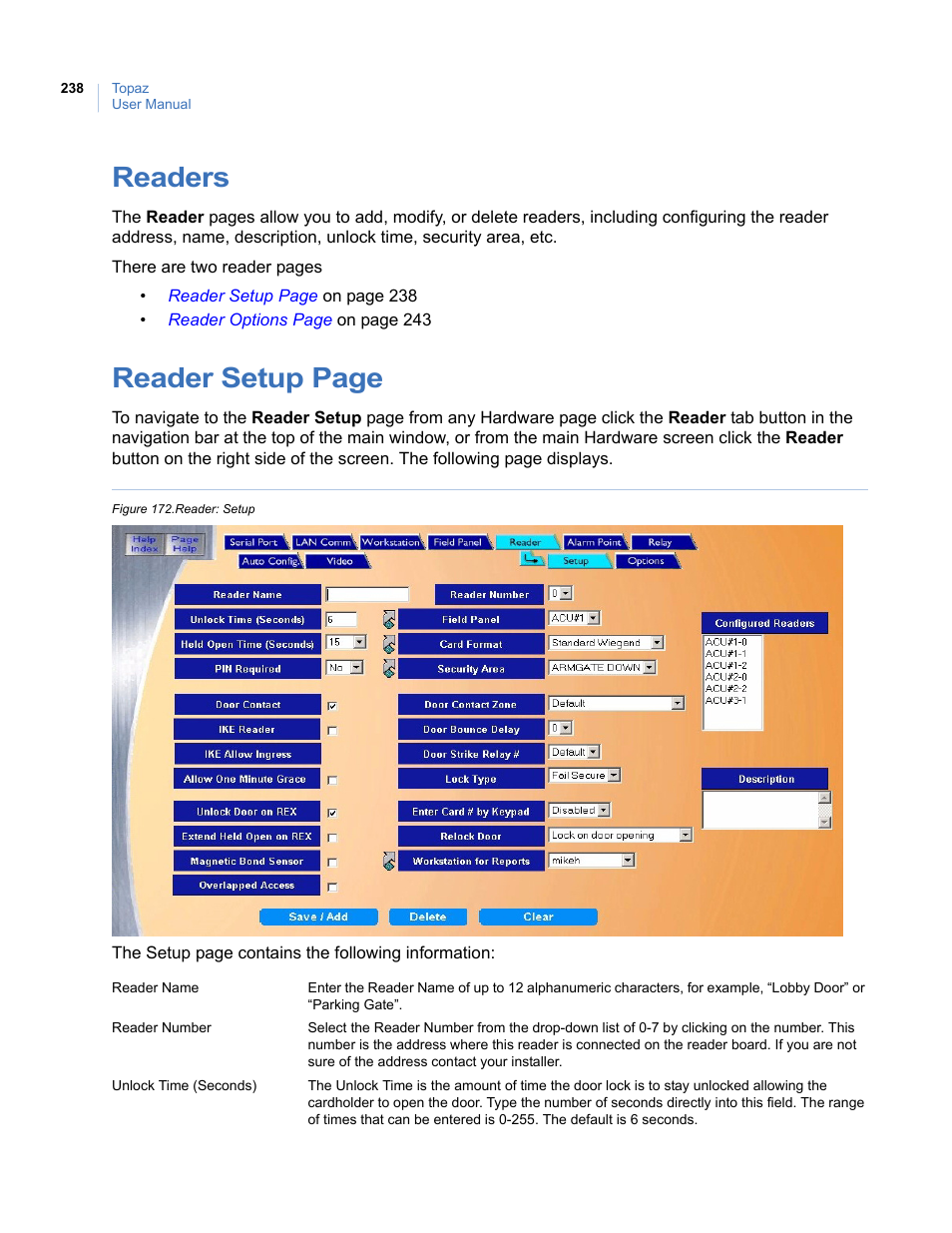 Readers, Figure 172.reader: setup, Reader setup page | Interlogix Topaz User Manual User Manual | Page 256 / 420