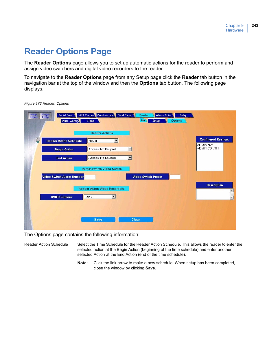 Figure 173.reader: options, Reader options page | Interlogix Topaz User Manual User Manual | Page 261 / 420