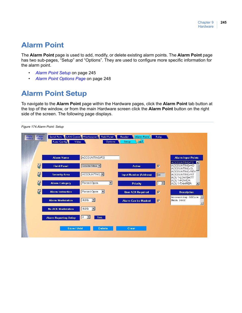 Alarm point, Alarm point setup, Alarm point alarm point setup | Figure 174.alarm point: setup | Interlogix Topaz User Manual User Manual | Page 263 / 420