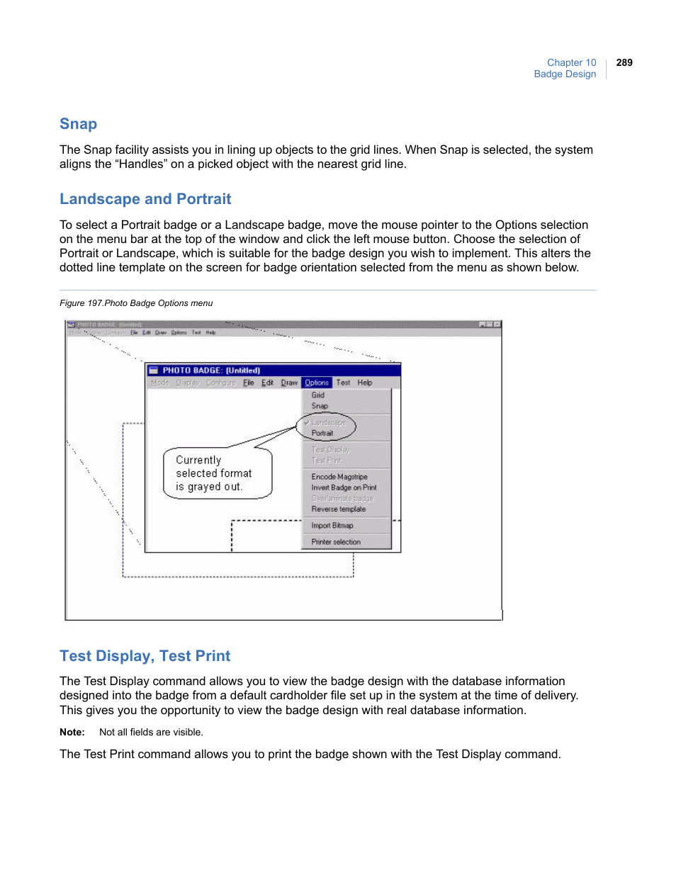Snap, Landscape and portrait, Test display, test print | Figure 197.photo badge options menu | Interlogix Topaz User Manual User Manual | Page 307 / 420