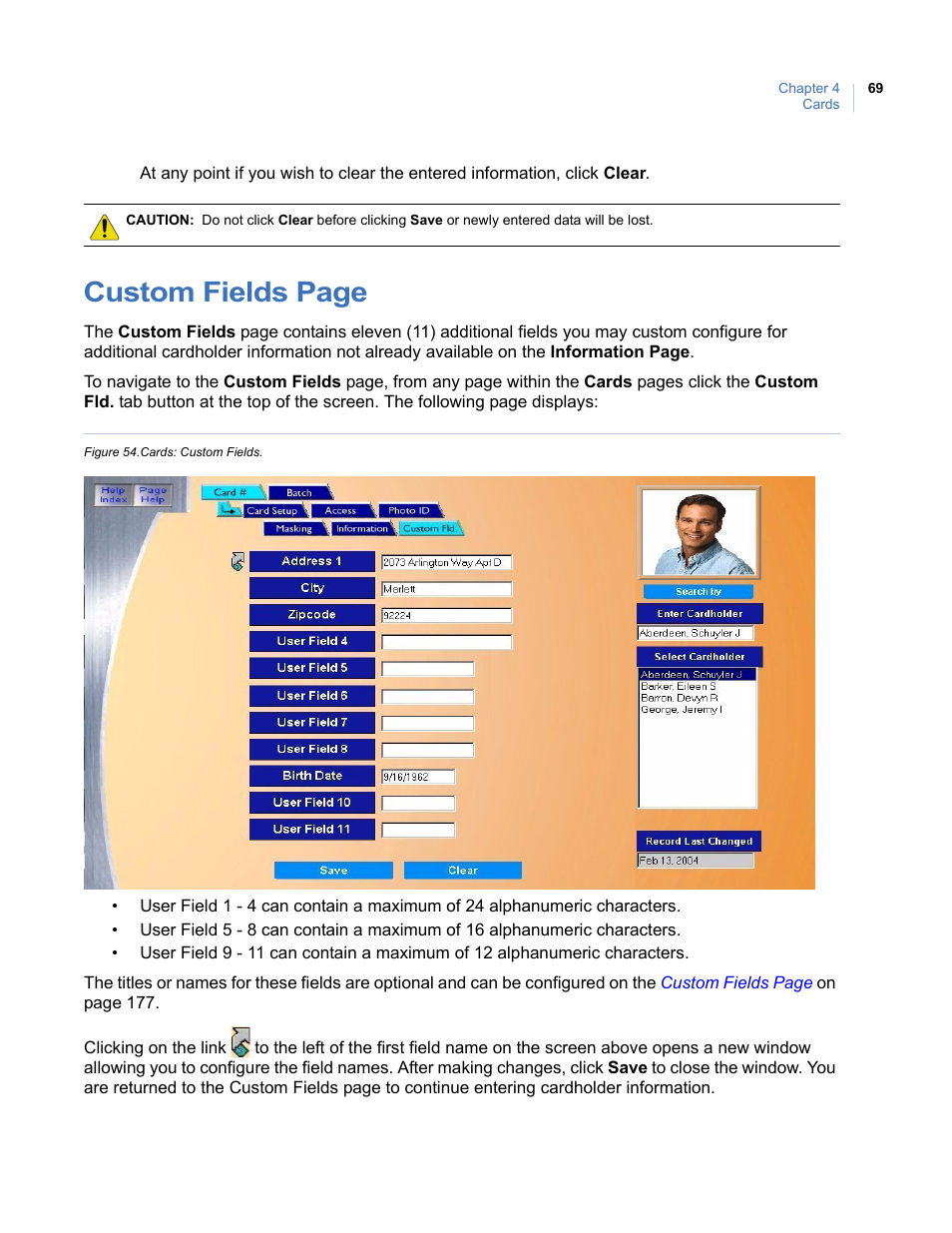 Figure 54. cards: custom fields, Custom fields page | Interlogix Topaz User Manual User Manual | Page 87 / 420