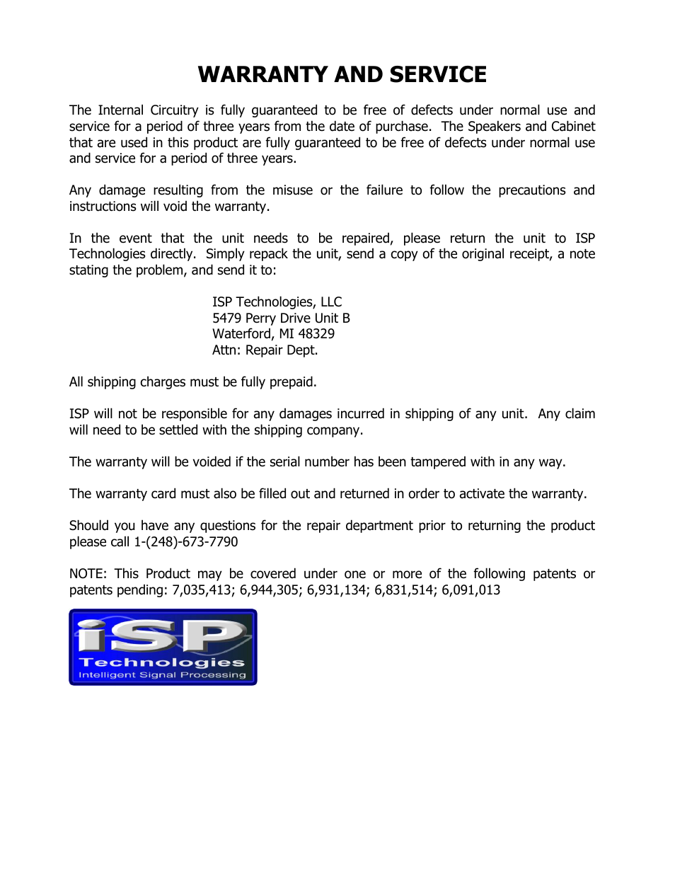 Warranty and service | ISP Technologies THETA Head User Manual | Page 13 / 13