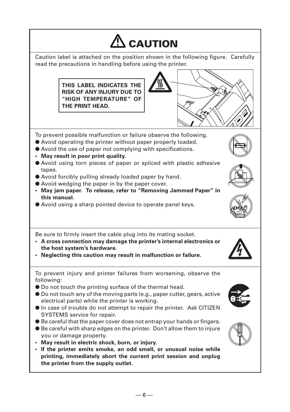 Caution | CITIZEN LINE THERMAL PRINTER CT-S280 User Manual | Page 10 / 33