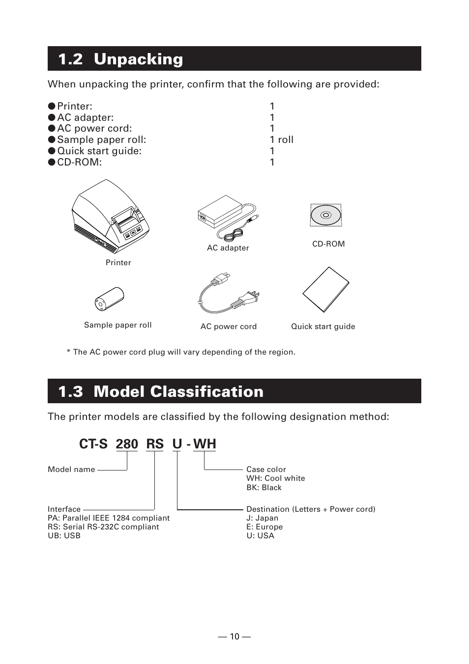 2 unpacking, 3 model classification, Ct-s 280 rs u - wh | CITIZEN LINE THERMAL PRINTER CT-S280 User Manual | Page 14 / 33