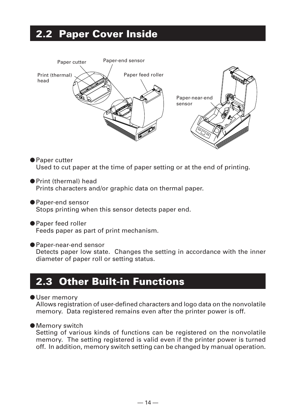 2 paper cover inside, 3 other built-in functions | CITIZEN LINE THERMAL PRINTER CT-S280 User Manual | Page 18 / 33