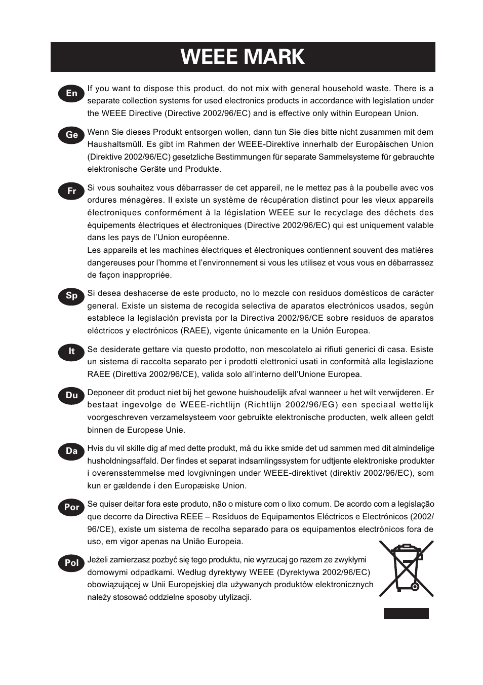 Weee mark | CITIZEN LINE THERMAL PRINTER CT-S280 User Manual | Page 2 / 33