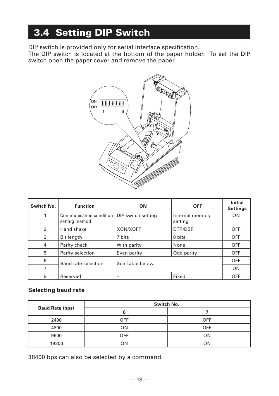 4 setting dip switch, Selecting baud rate | CITIZEN LINE THERMAL PRINTER CT-S280 User Manual | Page 22 / 33