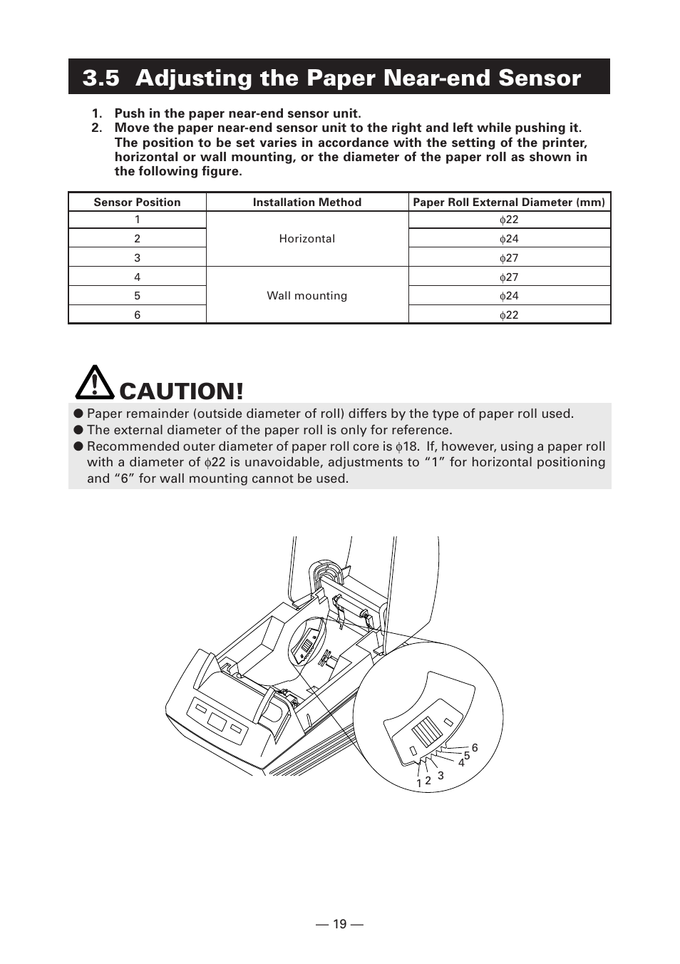 5 adjusting the paper near-end sensor, Caution | CITIZEN LINE THERMAL PRINTER CT-S280 User Manual | Page 23 / 33