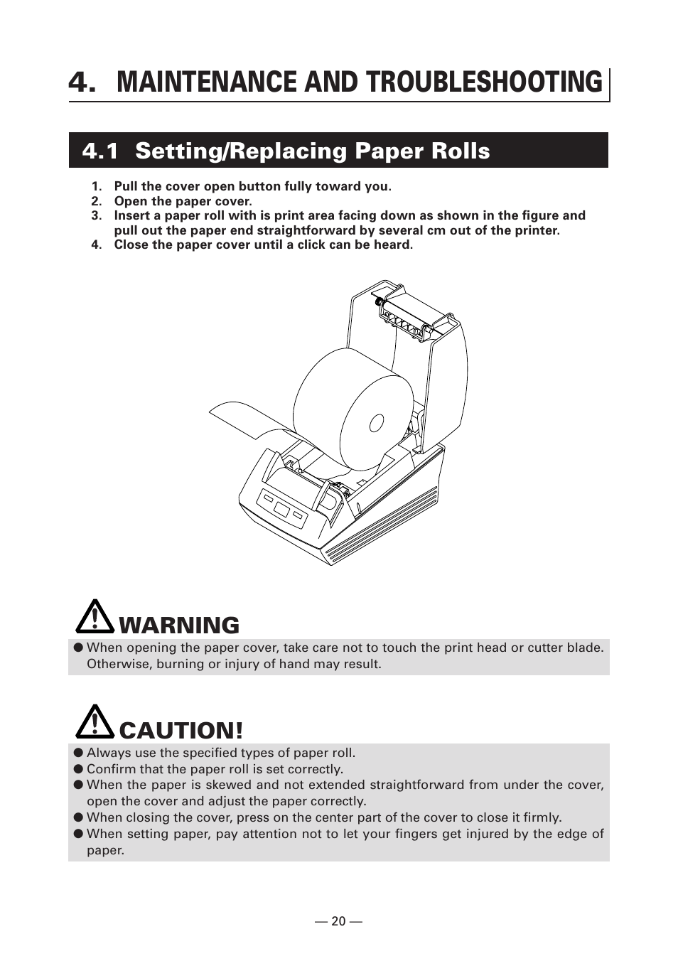 Maintenance and troubleshooting, 1 setting/replacing paper rolls, Warning | Caution | CITIZEN LINE THERMAL PRINTER CT-S280 User Manual | Page 24 / 33