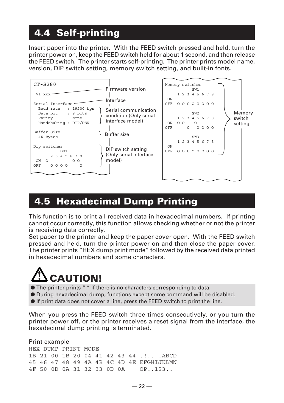 4 self-printing, 5 hexadecimal dump printing, Caution | CITIZEN LINE THERMAL PRINTER CT-S280 User Manual | Page 26 / 33