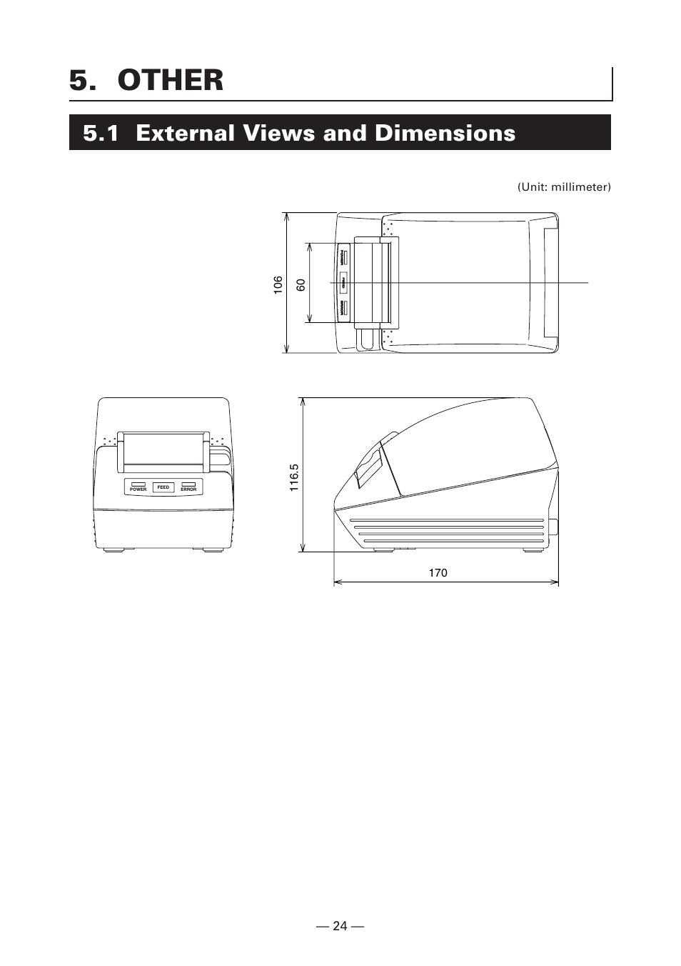 Other, 1 external views and dimensions | CITIZEN LINE THERMAL PRINTER CT-S280 User Manual | Page 28 / 33