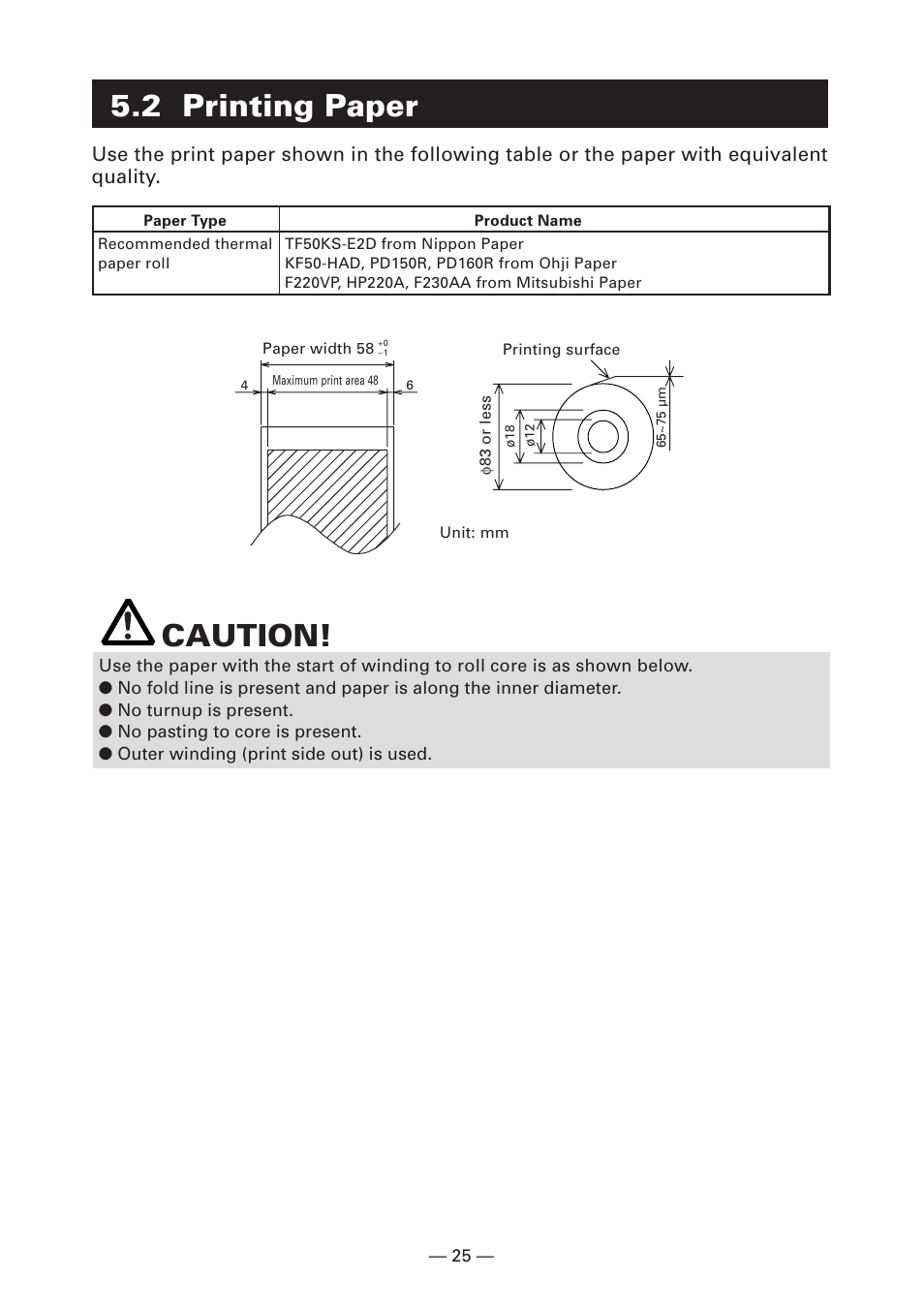 2 printing paper, Caution | CITIZEN LINE THERMAL PRINTER CT-S280 User Manual | Page 29 / 33