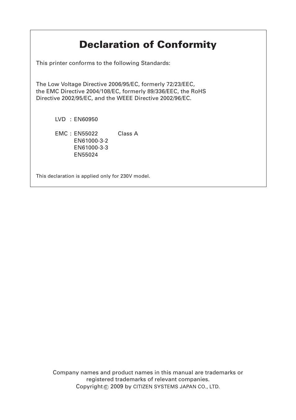 Declaration of conformity | CITIZEN LINE THERMAL PRINTER CT-S280 User Manual | Page 3 / 33