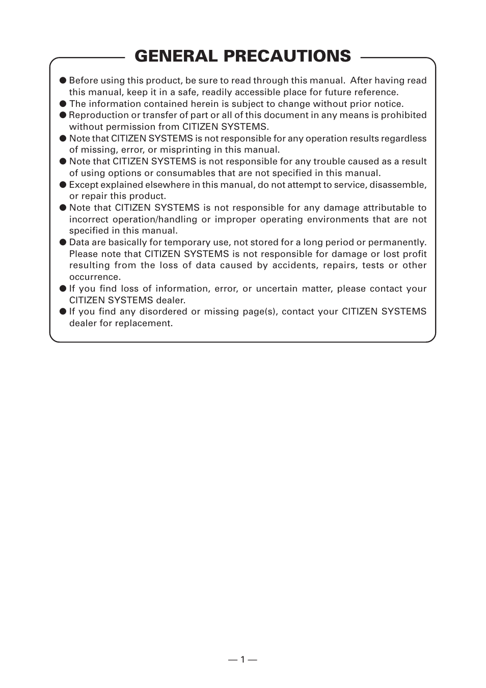 General precautions | CITIZEN LINE THERMAL PRINTER CT-S280 User Manual | Page 5 / 33