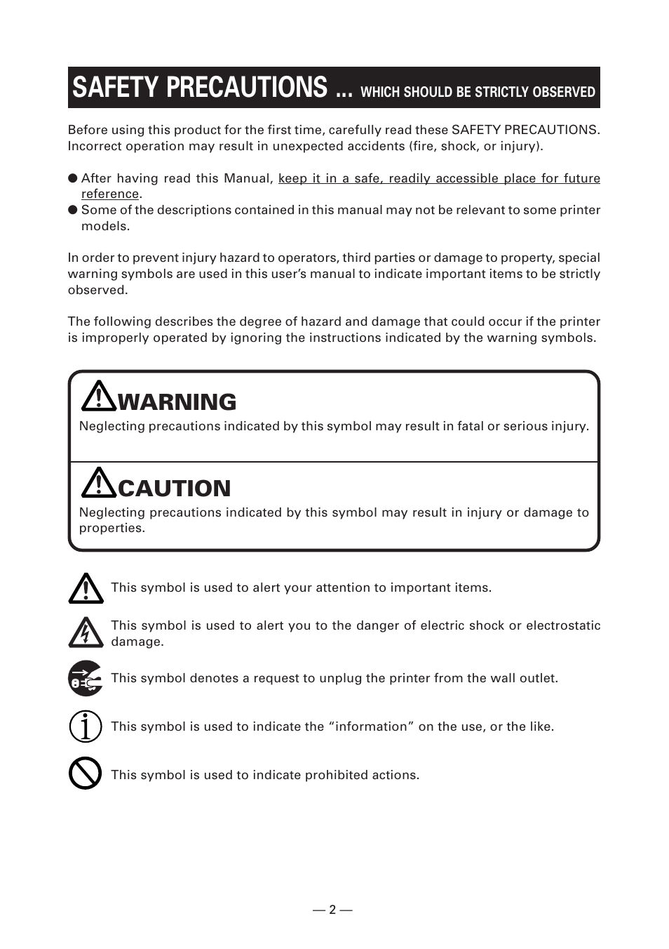 Safety precautions, Warning, Caution | CITIZEN LINE THERMAL PRINTER CT-S280 User Manual | Page 6 / 33