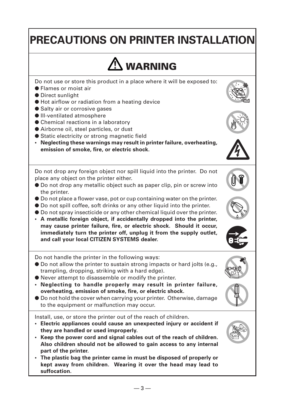 Precautions on printer installation, Warning | CITIZEN LINE THERMAL PRINTER CT-S280 User Manual | Page 7 / 33