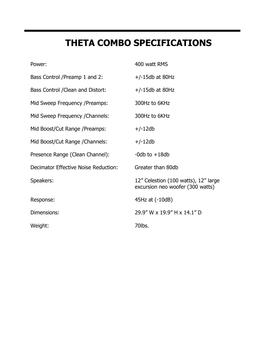 Theta combo specifications | ISP Technologies THETA 212 Combo User Manual | Page 12 / 13