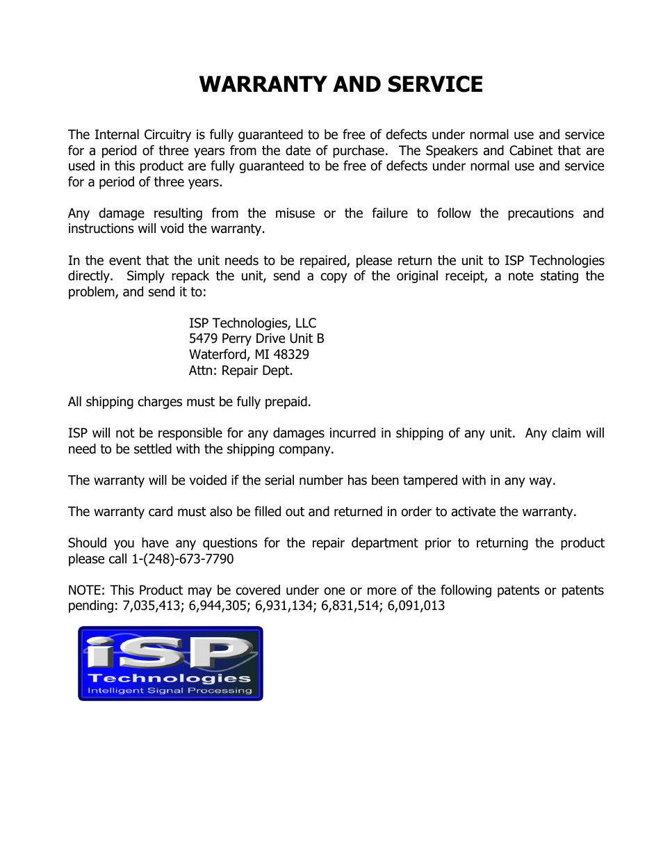 Warranty and service | ISP Technologies THETA 212 Combo User Manual | Page 13 / 13