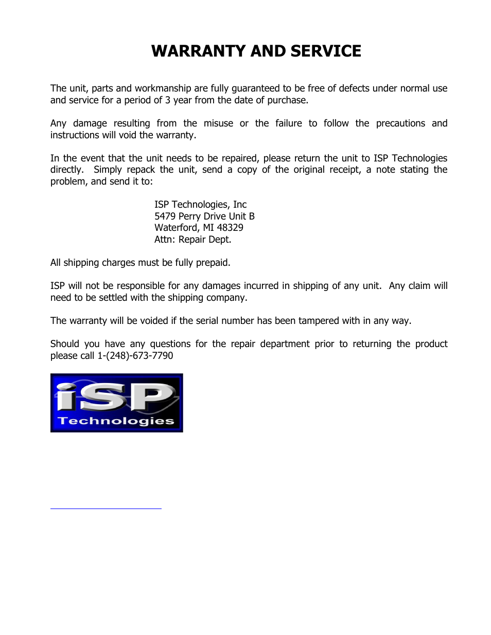 Warranty and service | ISP Technologies VECTOR SL User Manual | Page 8 / 8