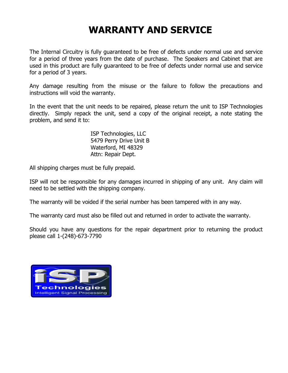 Warranty and service | ISP Technologies BASS VECTOR PRO User Manual | Page 7 / 7