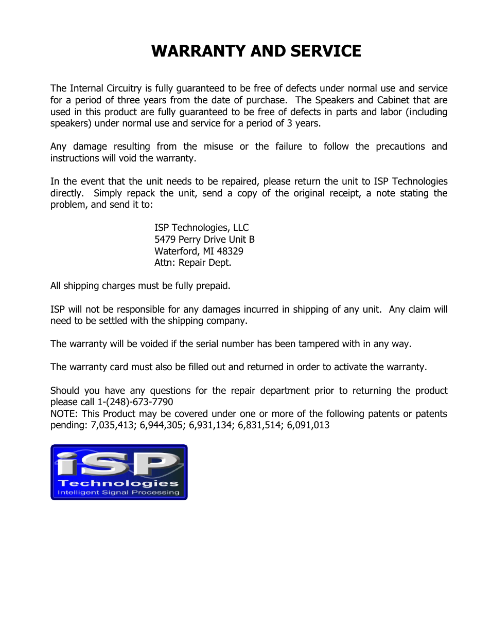 Warranty and service | ISP Technologies BASS VECTOR 115 User Manual | Page 7 / 7
