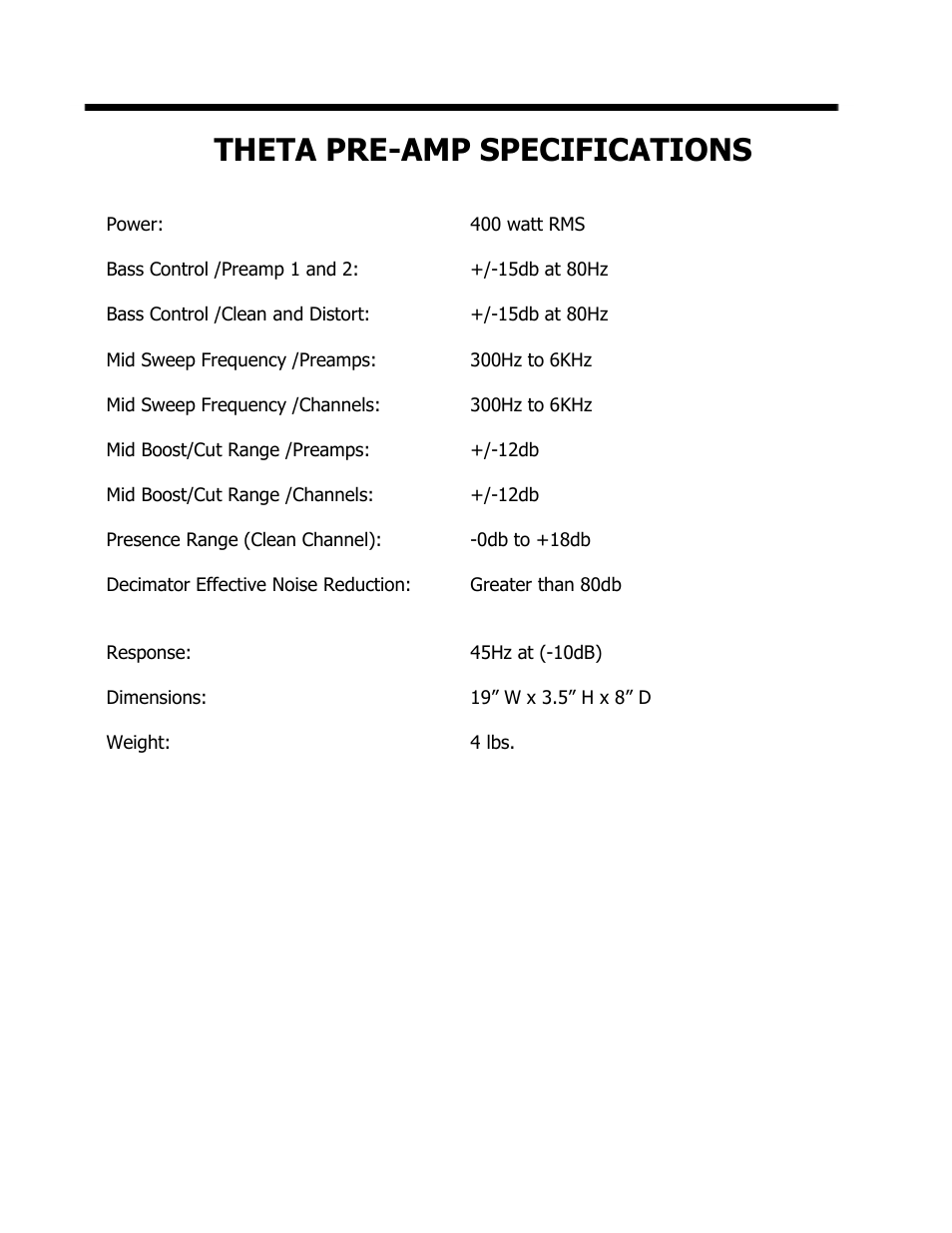 Theta pre-amp specifications | ISP Technologies THETA PRE AMP User Manual | Page 11 / 12