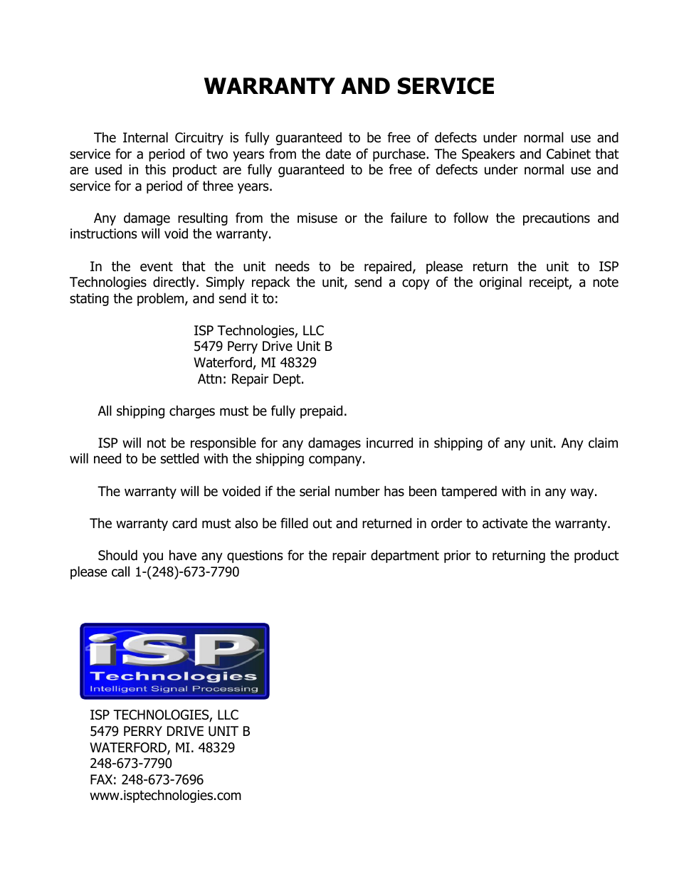 Warranty and service | ISP Technologies THETA PRE AMP User Manual | Page 12 / 12