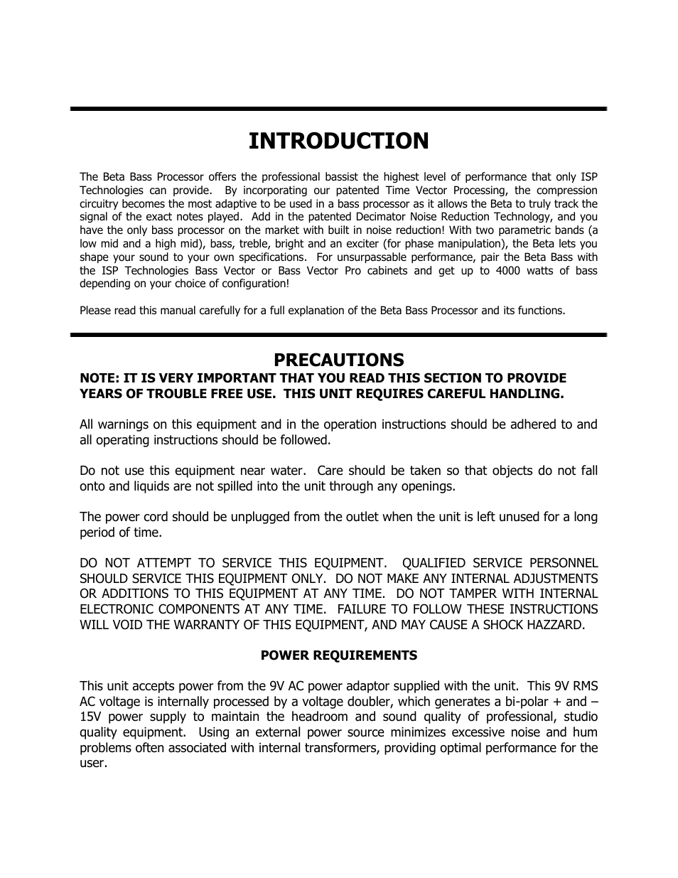 Introduction, Precautions | ISP Technologies BETA BASS User Manual | Page 2 / 7