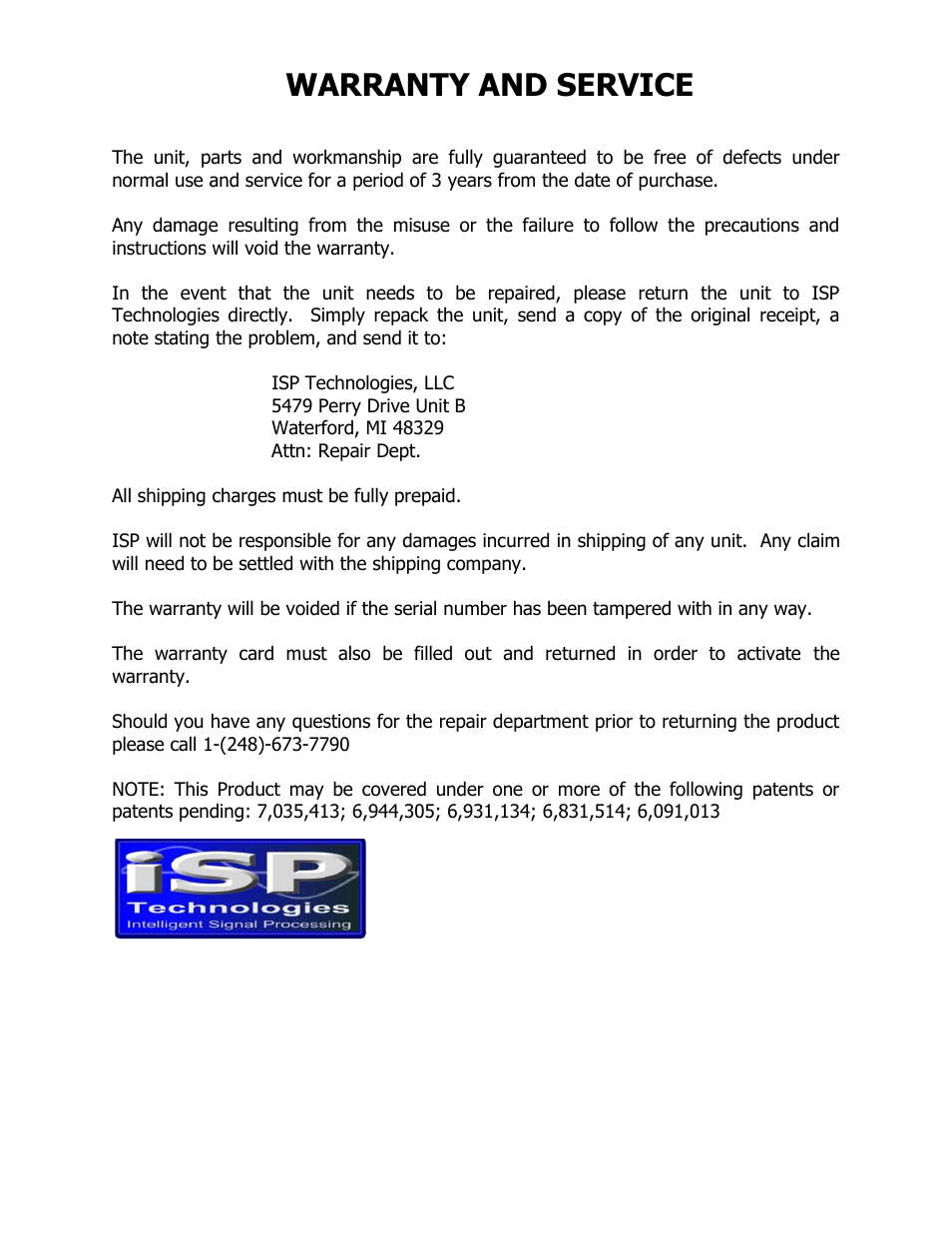 Warranty and service | ISP Technologies BETA BASS User Manual | Page 7 / 7