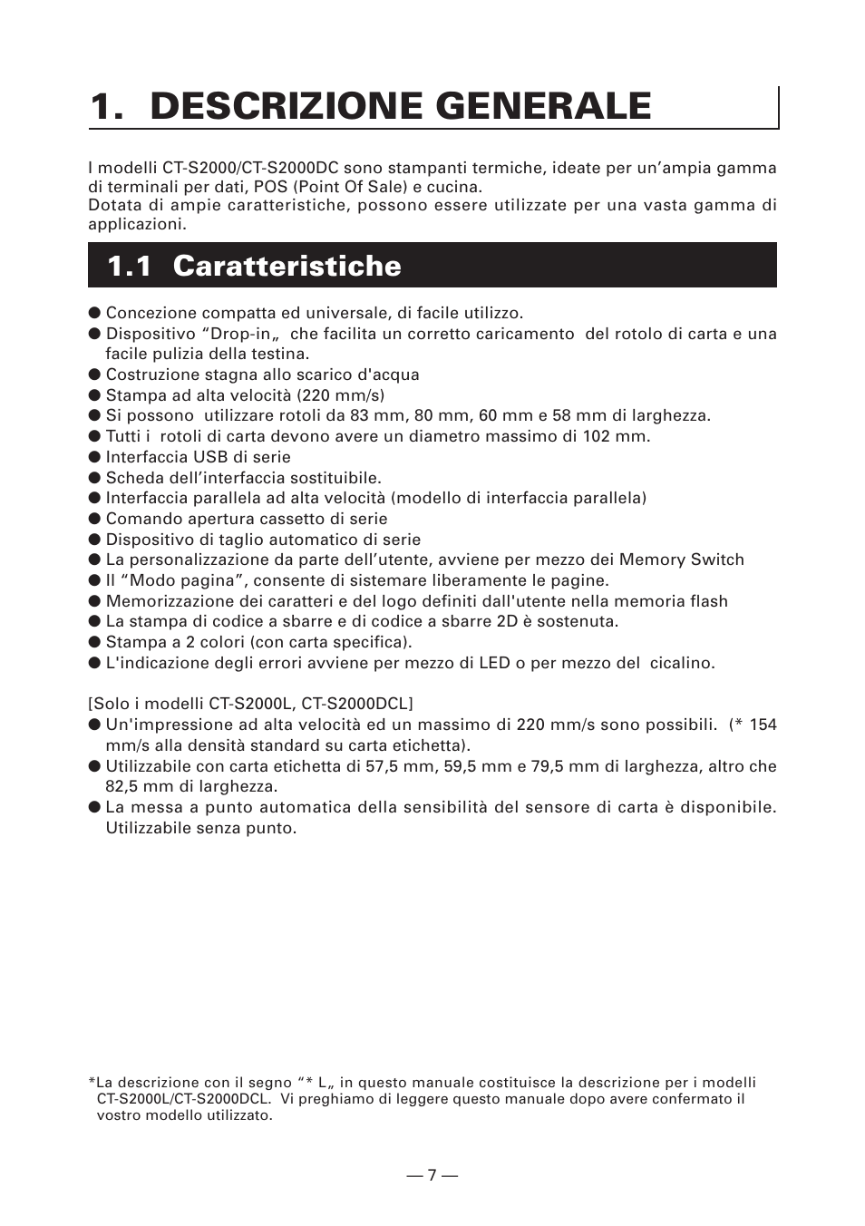 Descrizione generale, 1 caratteristiche | CITIZEN CT-S2000L User Manual | Page 100 / 156