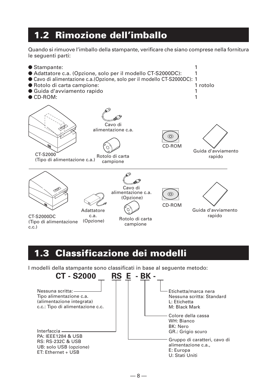 2 rimozione dell’imballo, 3 classificazione dei modelli, Ct - s2000 rs e - bk | CITIZEN CT-S2000L User Manual | Page 101 / 156