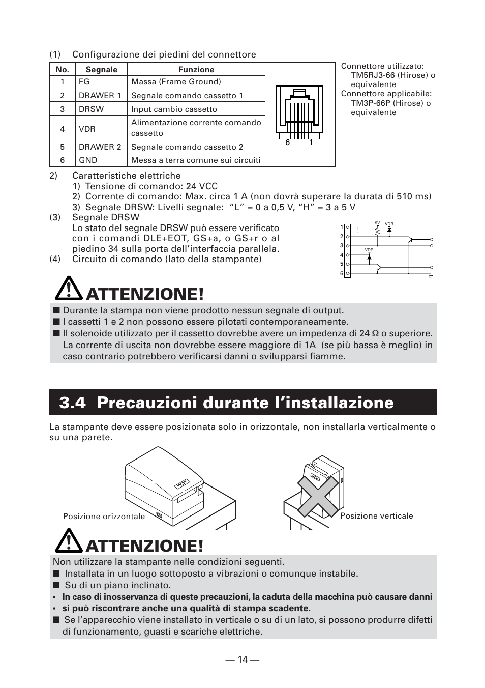4 precauzioni durante l’installazione, Attenzione | CITIZEN CT-S2000L User Manual | Page 107 / 156