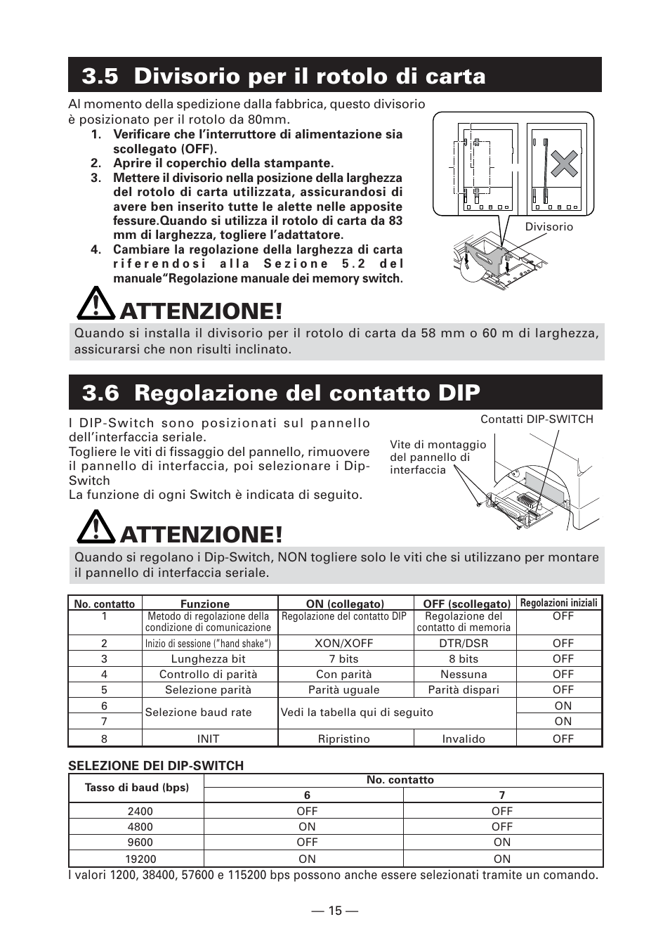 5 divisorio per il rotolo di carta, 6 regolazione del contatto dip, 6 regolazione del contatto dip attenzione | Attenzione | CITIZEN CT-S2000L User Manual | Page 108 / 156