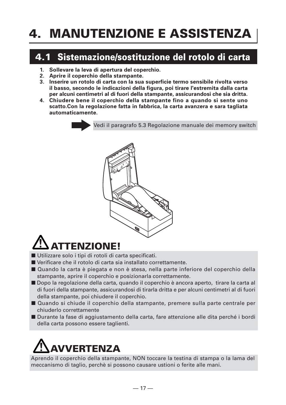 Manutenzione e assistenza, 1 sistemazione/sostituzione del rotolo di carta, Attenzione | Avvertenza | CITIZEN CT-S2000L User Manual | Page 110 / 156